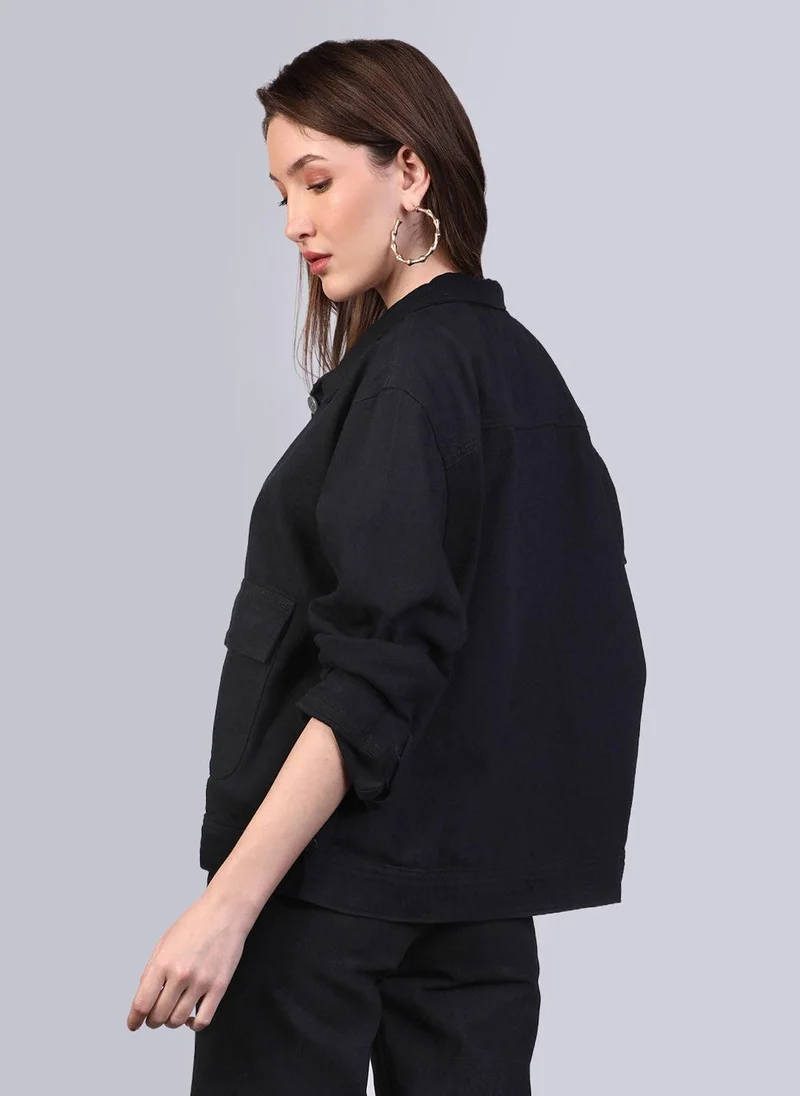 Urbano Fashion  Urbano Fashion Women's Black Relaxed Fit Full Sleeve Utility Denim Jacket for Women | Best Price UAE